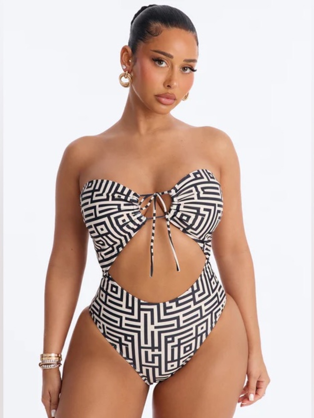Strapless Cutout One-Piece Swimsuit in Black and White